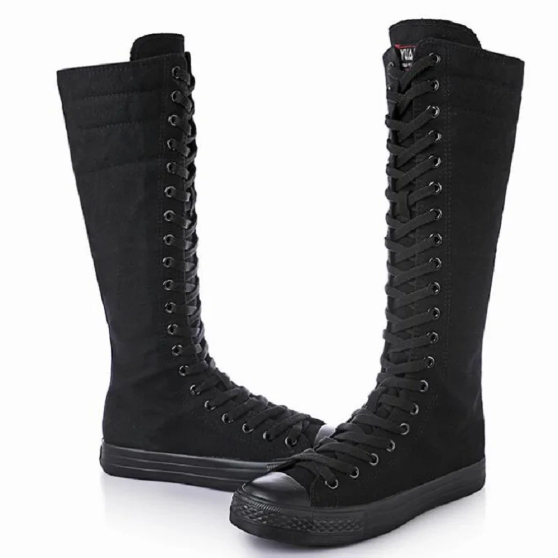 Korean Style Fashion Slim Casual High-top Plus Size 42 43 Canvas Ladies Dance Shoes Zipper Women Long Knee-High Boots 0515