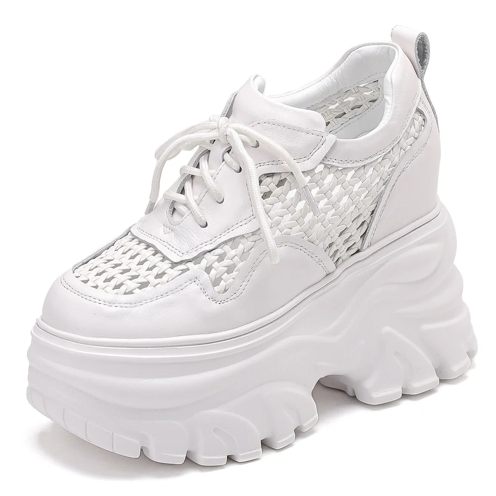 Women Spring  Autumn New 12 CM Thick Platform Sneakers Genuine Leather Hollow Out Breathable  Hidden Wedge Heel Shoes 50423
