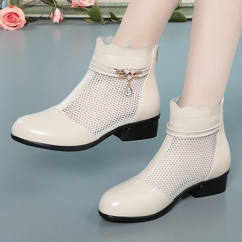 Summer Fashion Thick Heels Cut Out Mesh Rhinestone Narrow Band Plus Size 41 42 Genuine Leather Women Ankle Short Modern Boots