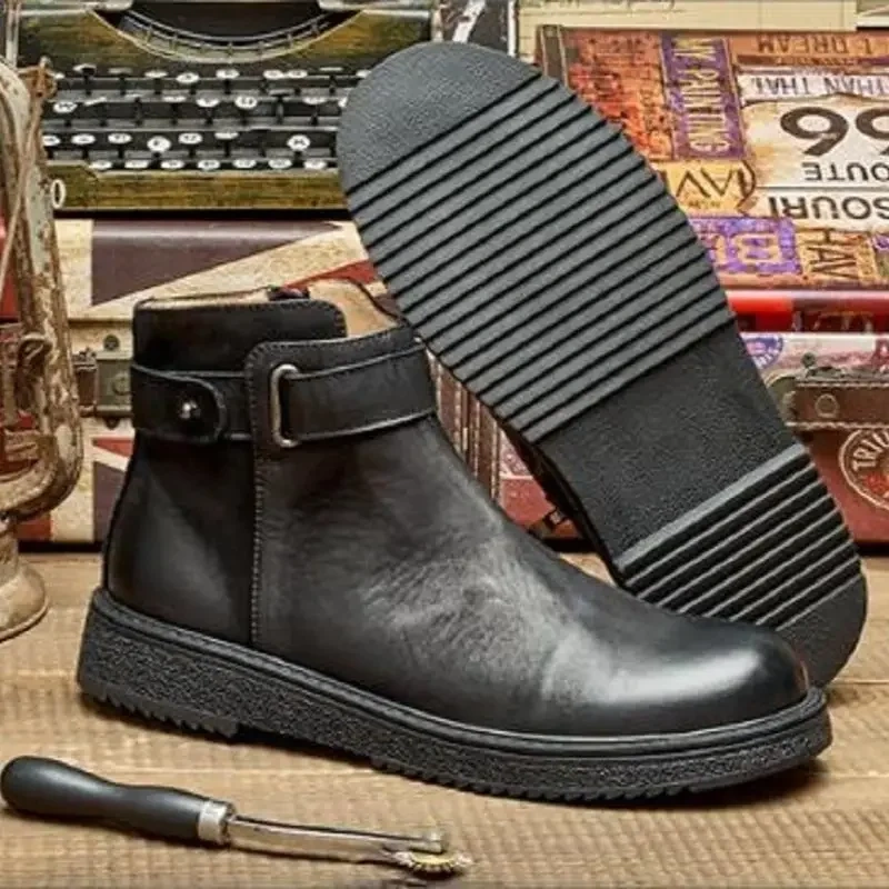 Spring Autmun New British Style Retro Chunky Bottom Sewing Genuine Leather Men Ankle Short Motorcycle Boots Winter Plush 230427