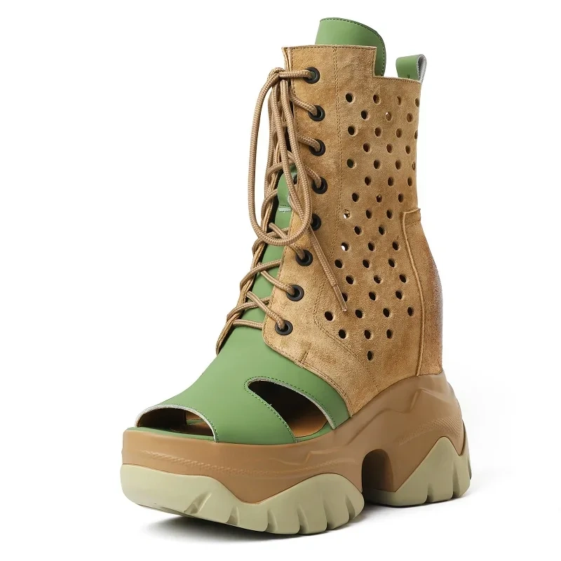 Summer New Slim Platform Peep Toe Wedges Cut-outs Cross-tied Mixed Colors Genuine Leather Women Ankle Short Gladiator Boots 2302