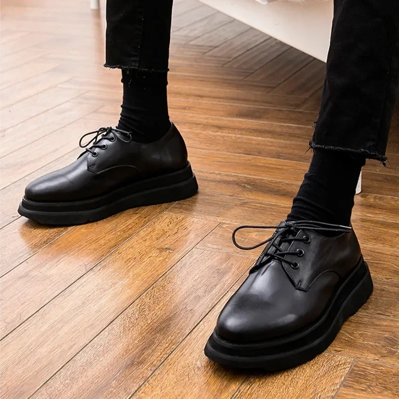 Spring Autumn New British Style Chunky Bottom Platform Lace-Up Black Size 38-44 Genuine Leather Men Business Derby Shoes 2312