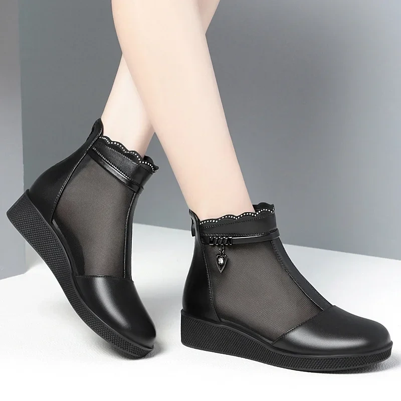 Summer New Fashion Wedges Round Toe Cut Out Mesh Crystal String Bead Sewing Genuine Leather Women Ankle Short Modern Boots 2304