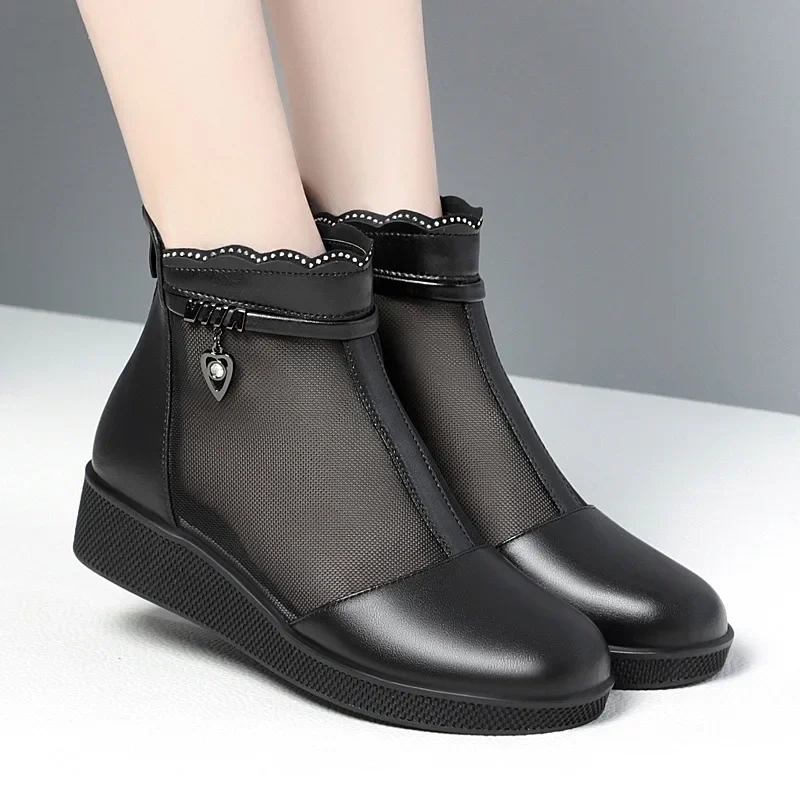 Summer New Fashion Wedges Round Toe Cut Out Mesh Crystal String Bead Sewing Genuine Leather Women Ankle Short Modern Boots 2304