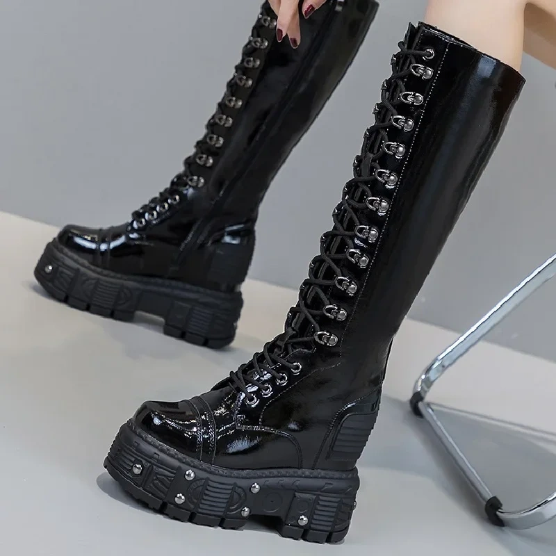 Spring Autumn Winter New Slim Height Increasing Platform Rivet Cross-tied Patent Leather Women Knee-High Long Modern Boots 41217