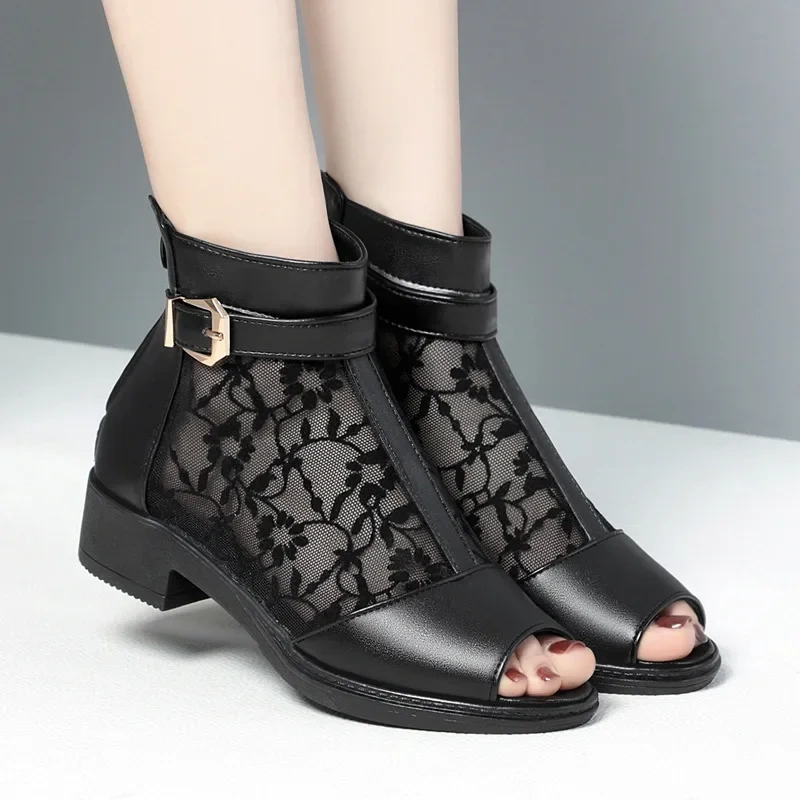 Summer New Fashion Thick Heels Peep Toe Embroidery Buckle Belt Cut Out Mesh Genuine Leather Women Ankle Short Gladiator Boots