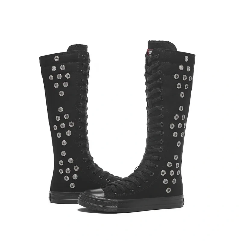 Women Dance Shoes Korean Style Fashion Flat Sole Rhinestone Cross-tied Sewing Canvas Ladies Knee-High Long Equestrian Boots 2301