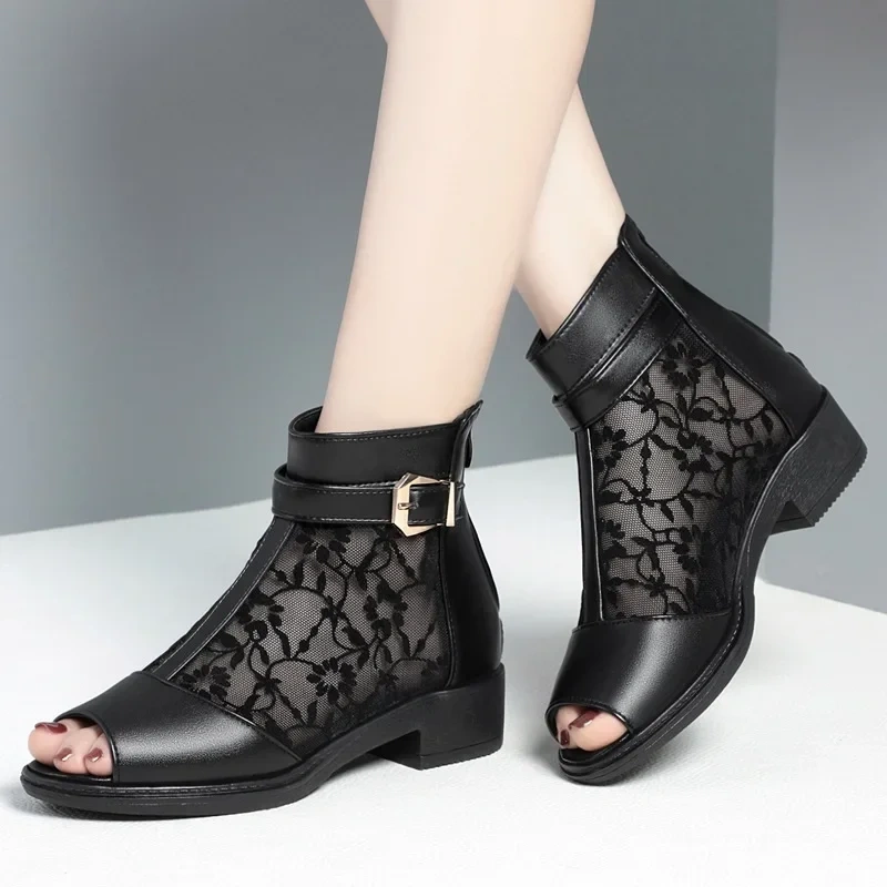 Summer New Fashion Thick Heels Peep Toe Embroidery Buckle Belt Cut Out Mesh Genuine Leather Women Ankle Short Gladiator Boots