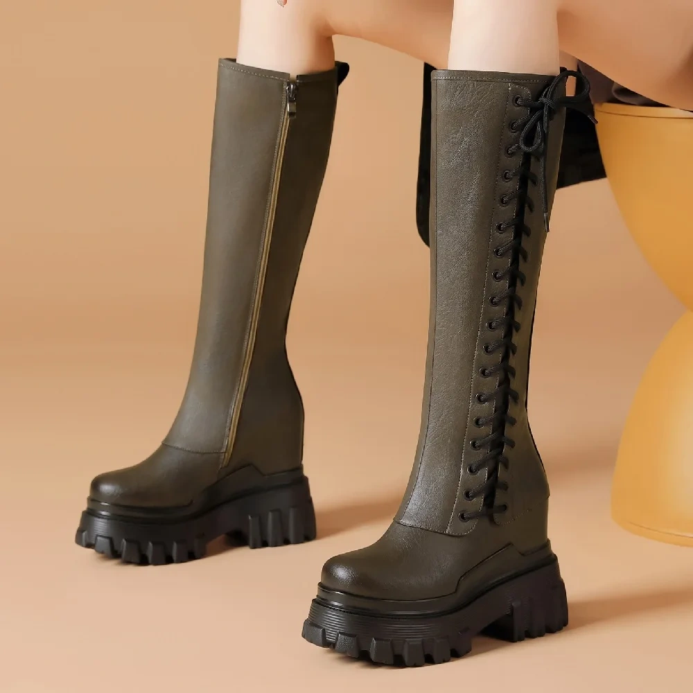 Spring Autumn New Slim Height Increasing Platform Cross-tied Genuine Leather Women Knee-High Long Modern Boots Winter Plush 2310
