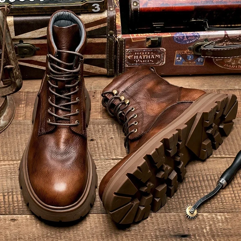 Spring Autmun New Arrival British Style Thick Bottom Sewing Cross-tied Genuine Leather Men Ankle Short Motorcycle Boots 2304