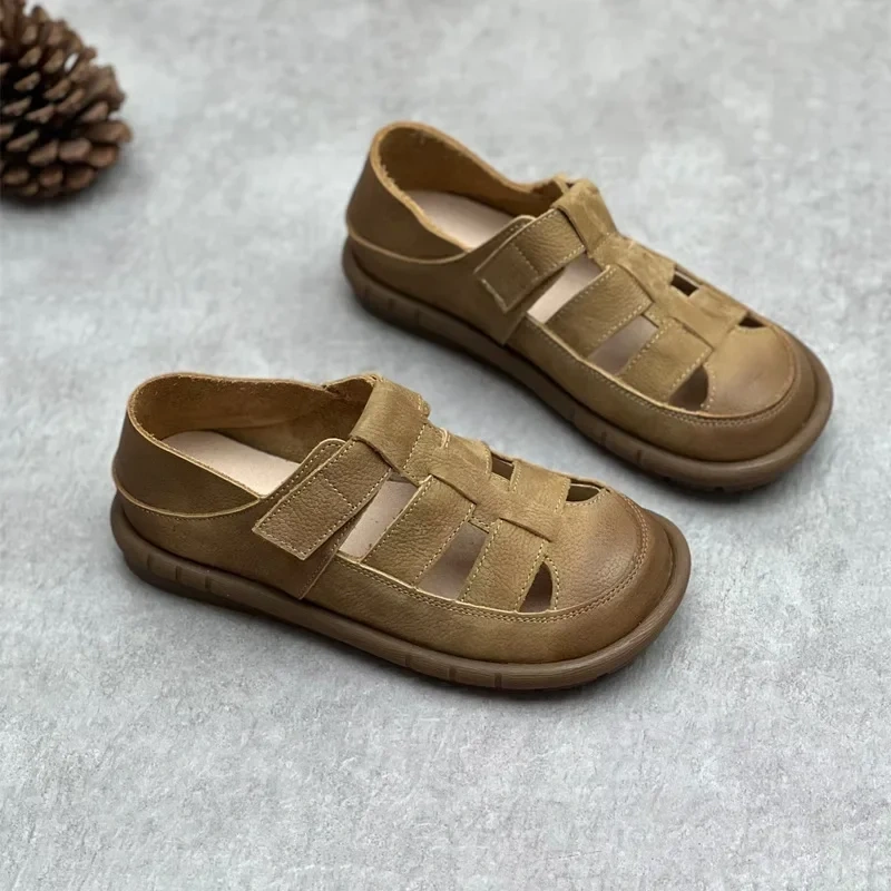 Summer New British Style Retro Chunky Bottom Narrow Band Cut Out Sewing Patchwork Genuine Leather Women Gladiator Sandals 2304