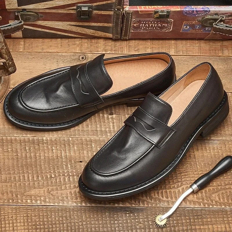 Spring Autmun New Arrival British Style Retro Thick Heels Round Toe Slip-On Sewing Full Grain Leather Men Loafers Shoes 2305