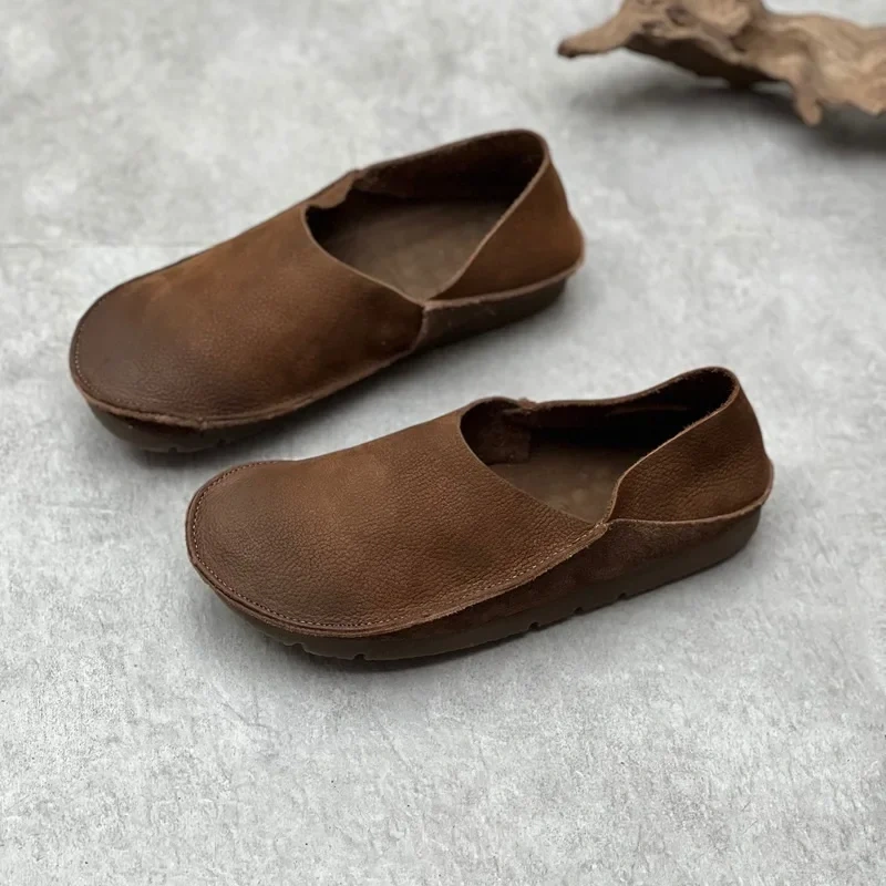 Women Flats Spring Autmun New Leisure Retro Chunky Bottom Square Toe Sewing Slip-On Genuine Leather Ladies Casual Lazy Shoes 230