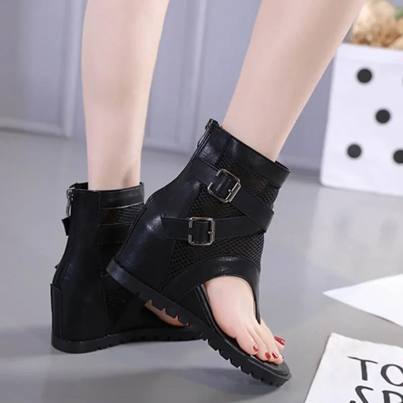 Summer New Fashion Wedges Flip Flop Narrow Band Buckle Belt Cut Out Mesh Patent Leather Women Ankle Short Gladiator Boots 2304
