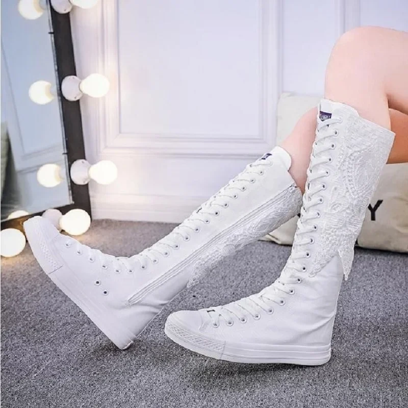 Spring Autumn New Korean Style Slim Flat Heels Embroider Cross-tied Plus Size 42 43 Canvas Lace Women Knee-High Long Boots 0521