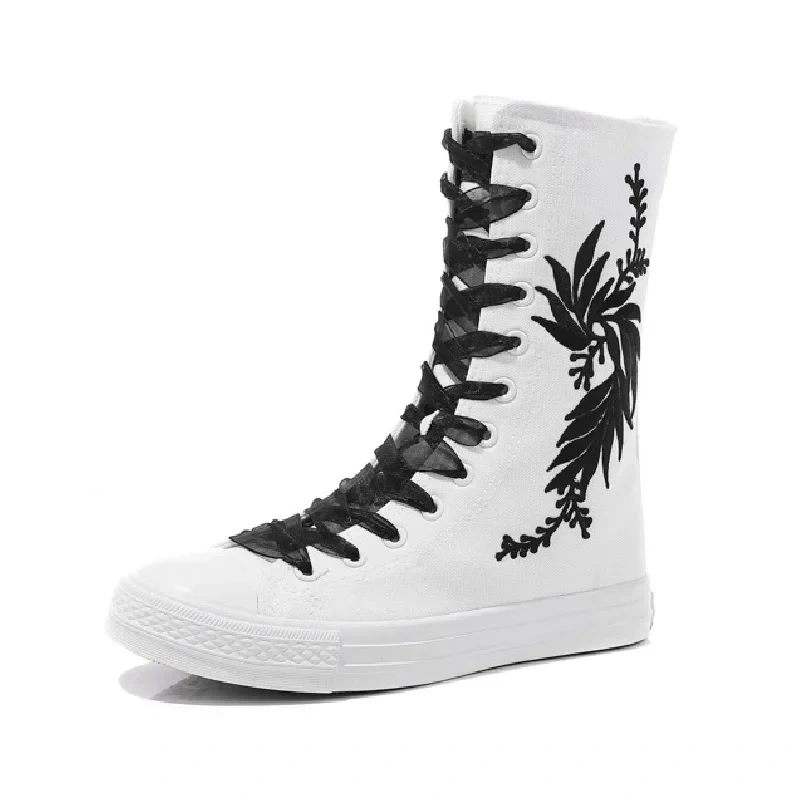 Korean Style Fashion Slim Casual High-top Plus Size 42 43 Canvas Cross-tied Ladies Dance Shoes Zipper Women Mid-Calf Half Boots