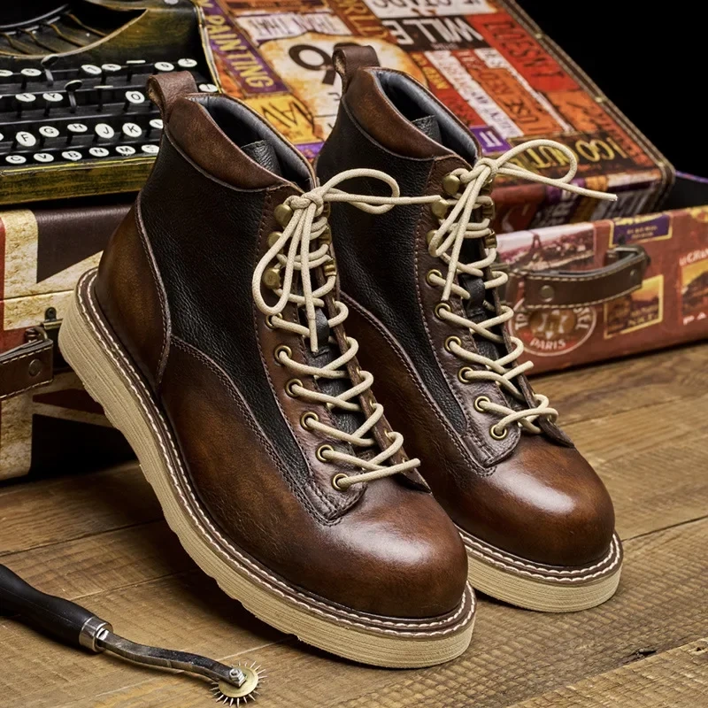 Spring Autumn Men Genuine Leather Mixed Colors Round Toe Single Shoes Chunky Bottom British Style Retro Short Boots 230227
