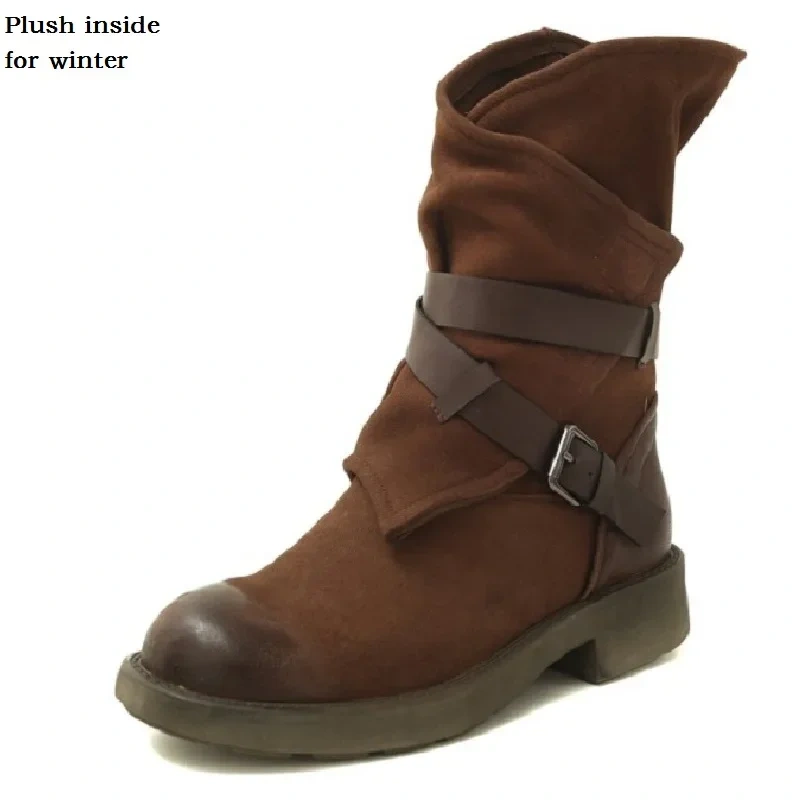 Spring Autumn British Style Retro Thick Heels Buckles Strap Genuine Leather Women Mid-Calf Half Motorcycle Boots Winter Plush
