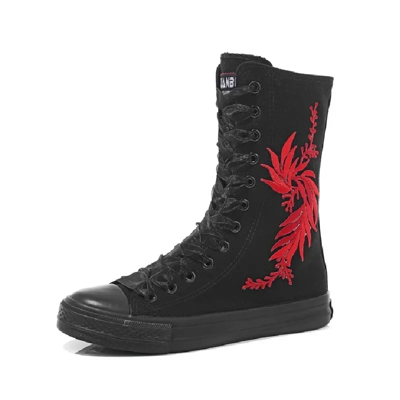 Korean Style Fashion Slim Casual High-top Plus Size 42 43 Canvas Cross-tied Ladies Dance Shoes Zipper Women Mid-Calf Half Boots