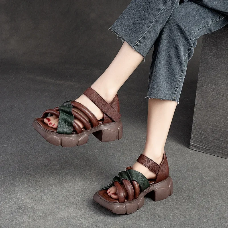 Summer New Retro Chunky Bottom Thick Heels Platform Peep Toe Mixed Colors Narrow Band Genuine Leather Women Gladiator Sandals