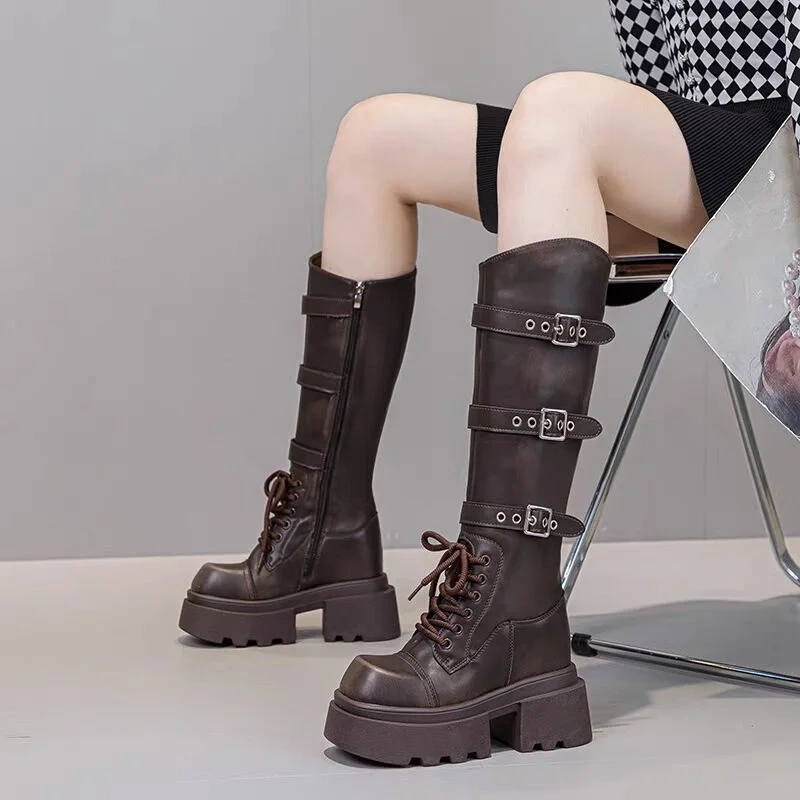 Spring Autumn New Punk Style Height Increasing Platform Belt Buckle Genuine Leather Women Knee-High Long Equestrian Boots 2410