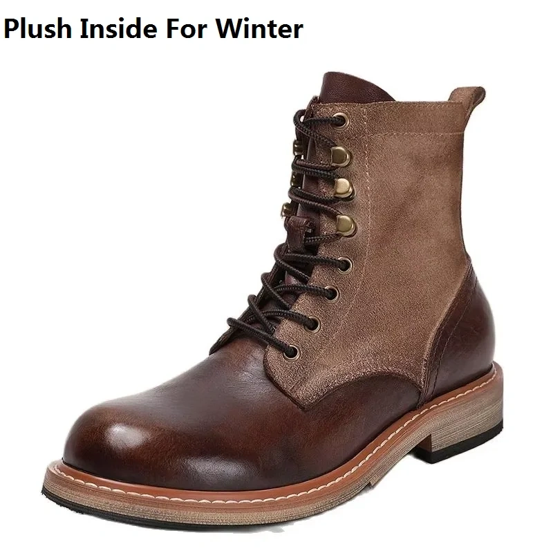 Spring Autumn New British Style Thick Heels Patchwork Rivet Sewing Genuine Leather Men Ankle High Top Motorcycle Boots 2302