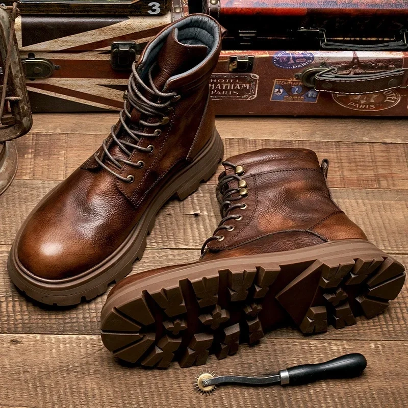 Spring Autmun New Arrival British Style Thick Bottom Sewing Cross-tied Genuine Leather Men Ankle Short Motorcycle Boots 2304