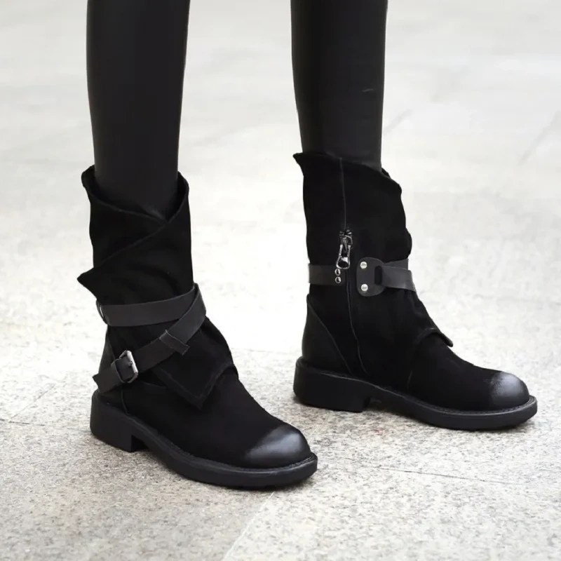 Spring Autumn British Style Retro Thick Heels Buckles Strap Genuine Leather Women Mid-Calf Half Motorcycle Boots Winter Plush