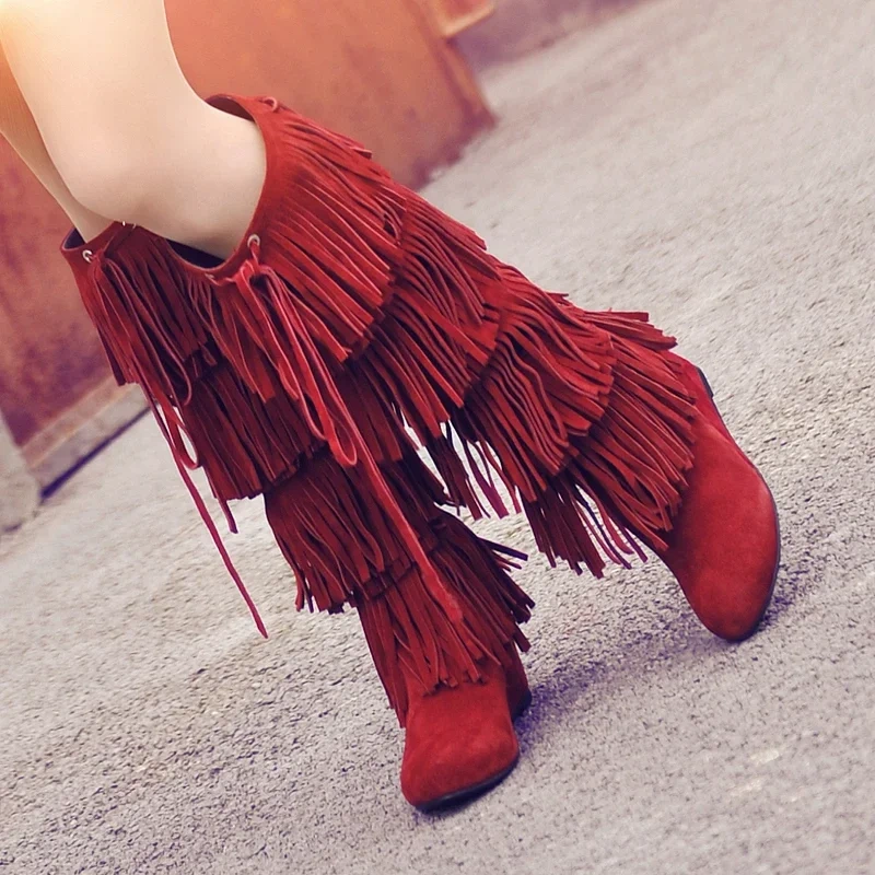 Women Spring  Autumn Fringe Genuine Leather Knee High Boots Short Plush Thick Warm Wedge High Heels Snow Long Boots 20161220