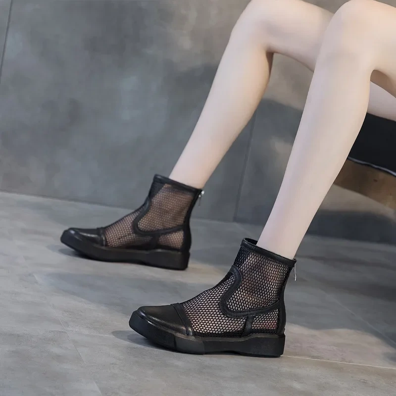 Summer New Korean Style Fashion Chunky Bottom Hollow Cut Out Mesh Patchwork Genuine Leather Women Ankle Short Modern Boots 2303