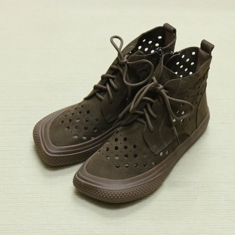 Summer New British Style Retro Chunky Bottom Hollow Cut Out Sewing Cross-tied Genuine Leather Women Ankle Short Boots 230413