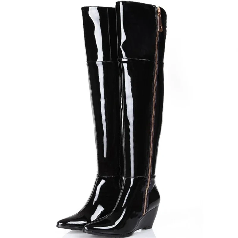 New Women Wedges Genuine Leather Pointed Toe Side Zipper Autumn Winter Fashion Over The Knee Boots Plus Size 41-45