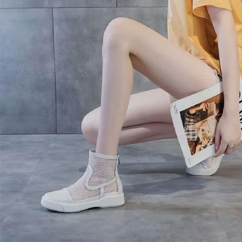 Summer New Korean Style Fashion Chunky Bottom Hollow Cut Out Mesh Patchwork Genuine Leather Women Ankle Short Modern Boots 2303
