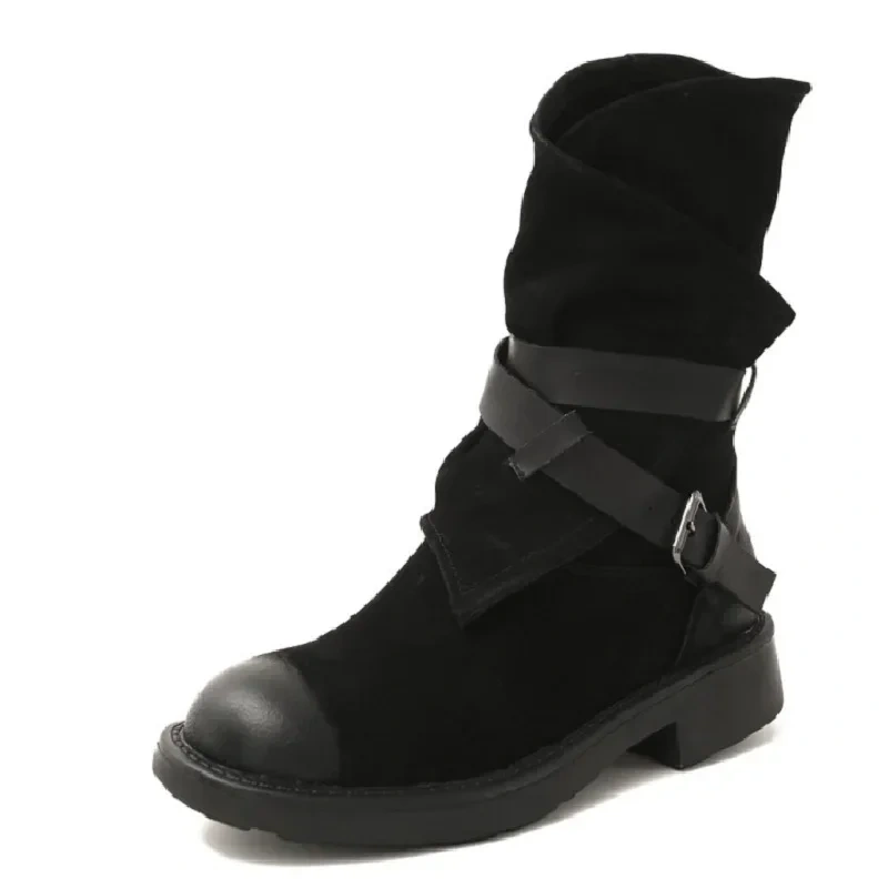 Spring Autumn British Style Retro Thick Heels Buckles Strap Genuine Leather Women Mid-Calf Half Motorcycle Boots Winter Plush