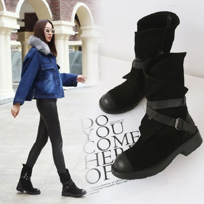 Spring Autumn British Style Retro Thick Heels Buckles Strap Genuine Leather Women Mid-Calf Half Motorcycle Boots Winter Plush