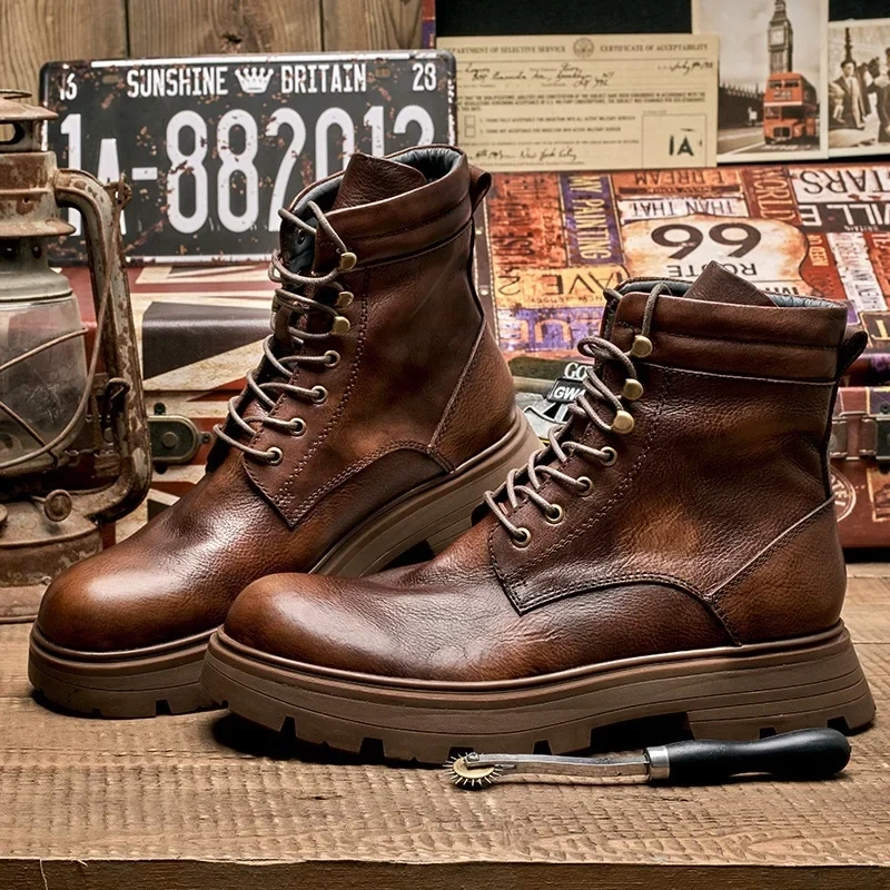 Spring Autmun New Arrival British Style Thick Bottom Sewing Cross-tied Genuine Leather Men Ankle Short Motorcycle Boots 2304