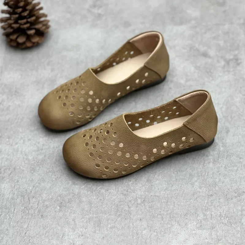 Women Sandals Summer New Retro Chunky Bottom Square Toe Cut Out Hollow Shallow Sewing Patchwork Genuine Leather Ladies Flats 230