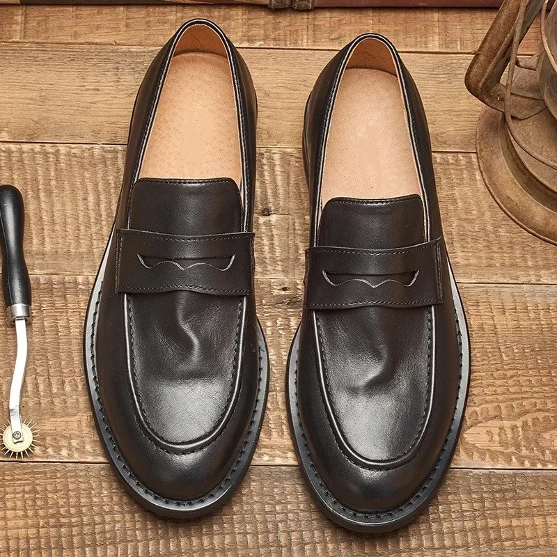 Spring Autmun New Arrival British Style Retro Thick Heels Round Toe Slip-On Sewing Full Grain Leather Men Loafers Shoes 2305