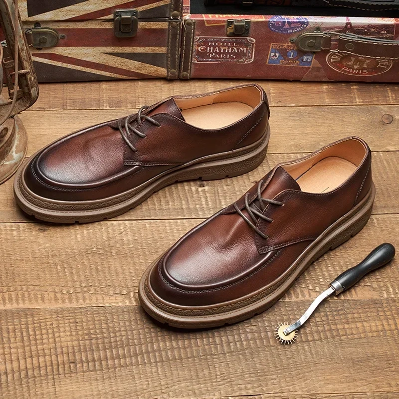 Spring Autumn New British Style Retro Chunky Bottom Sewing Breathable Lace-Up Genuine Leather Male Business Derby Shoes 2305