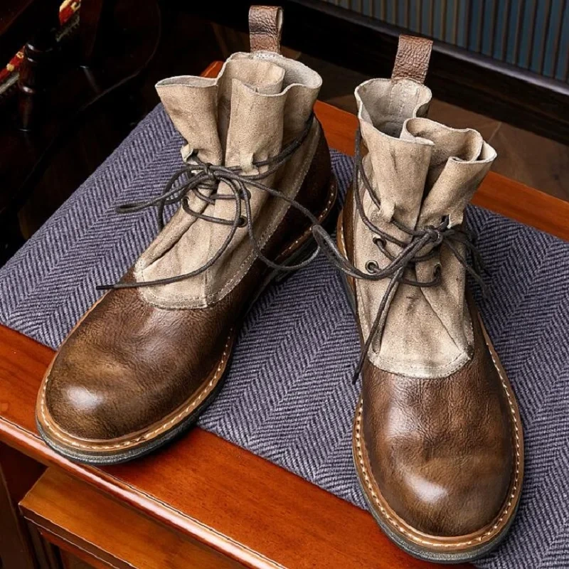 Spring Autumn Winter New British Style Retro Chunky Bottom Cross-tied Genuine Leather Men High Top Short Motorcycle Boots 2410
