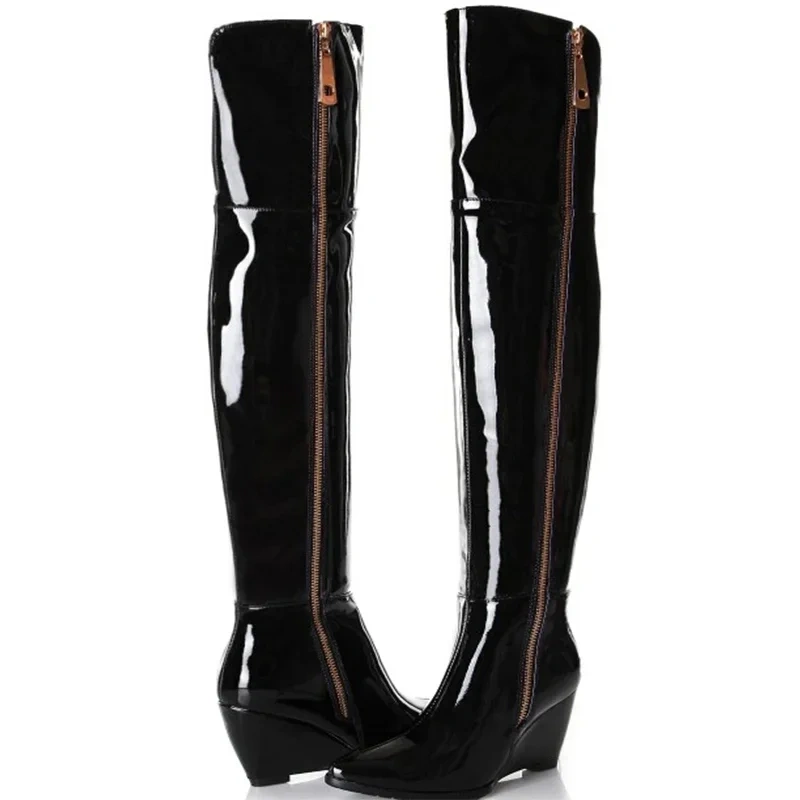 New Women Wedges Genuine Leather Pointed Toe Side Zipper Autumn Winter Fashion Over The Knee Boots Plus Size 41-45