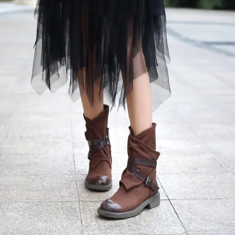 Spring Autumn British Style Retro Thick Heels Buckles Strap Genuine Leather Women Mid-Calf Half Motorcycle Boots Winter Plush