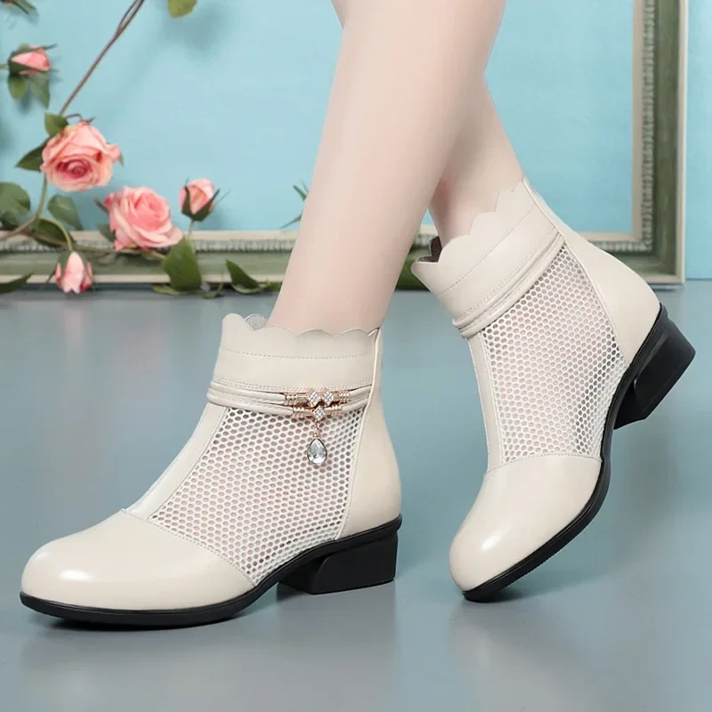 Summer Fashion Thick Heels Cut Out Mesh Rhinestone Narrow Band Plus Size 41 42 Genuine Leather Women Ankle Short Modern Boots