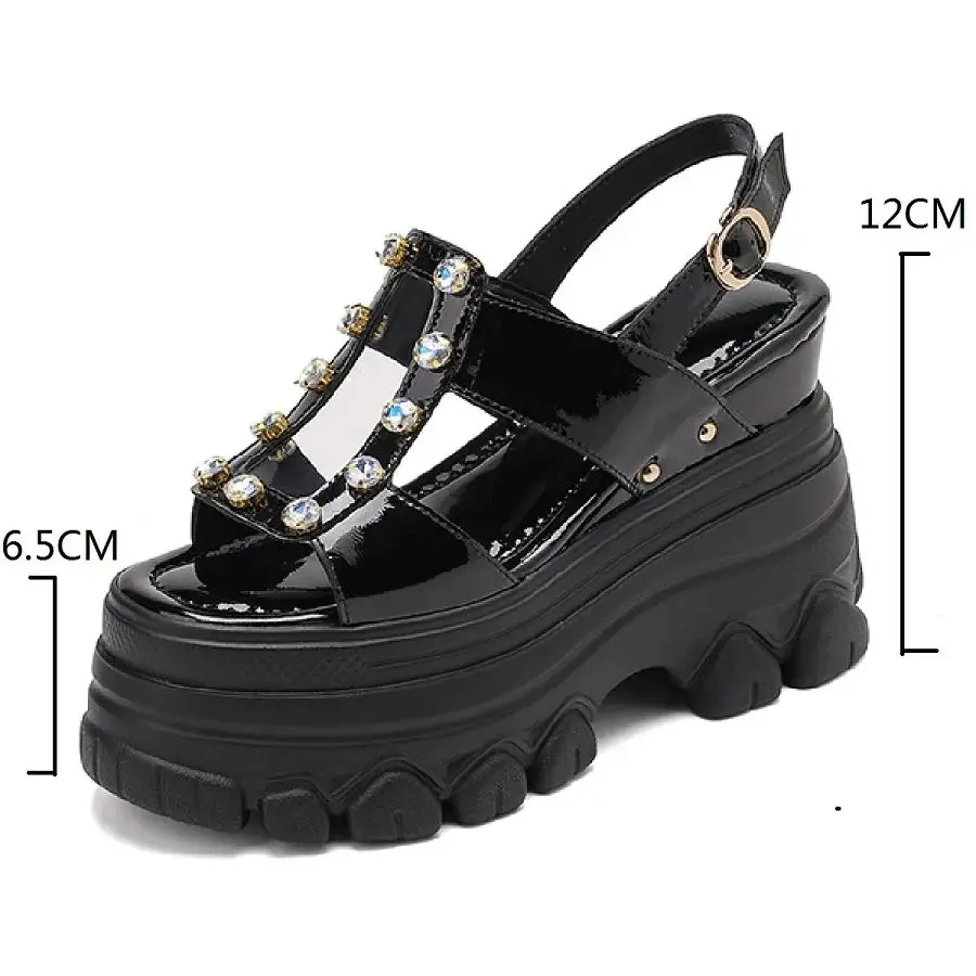 Women Summer New 12 CM Thick Sole Platform Sandals Genuine Leather Open Toe Rhinestone Slingbacks Shoes 50421
