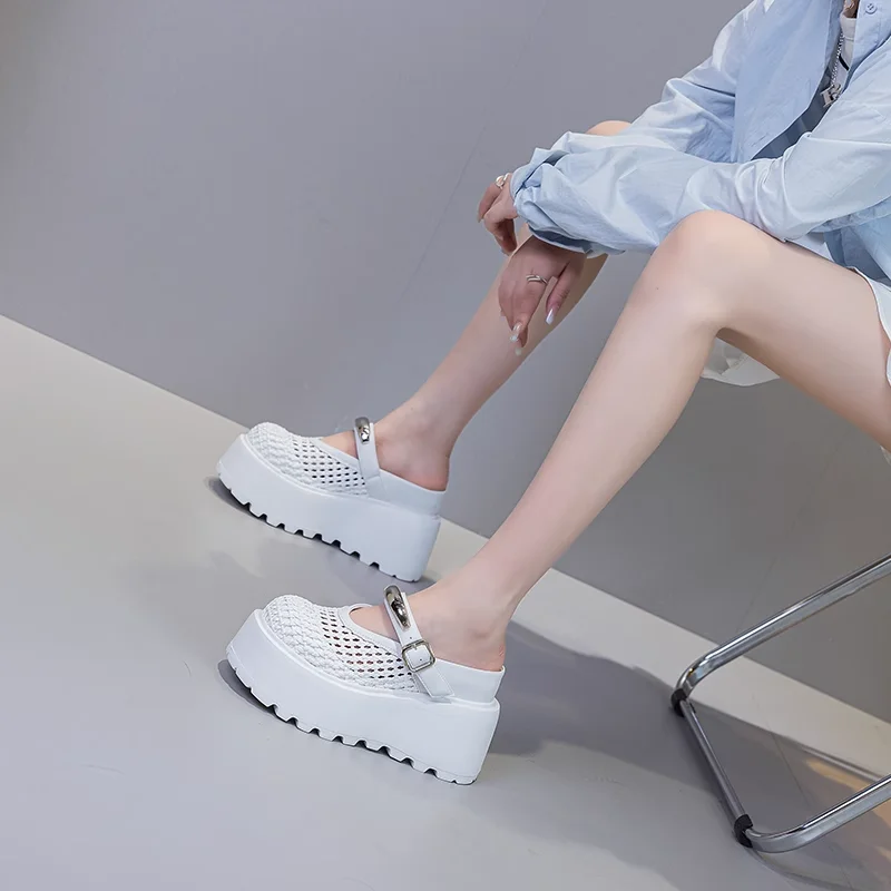 Women's Summer Fashion 10 CM Thick Sole Height Increasing Genuine Leather Sandals Closed Toe Hollow Out Platform Metal Buckle Slippers 60122