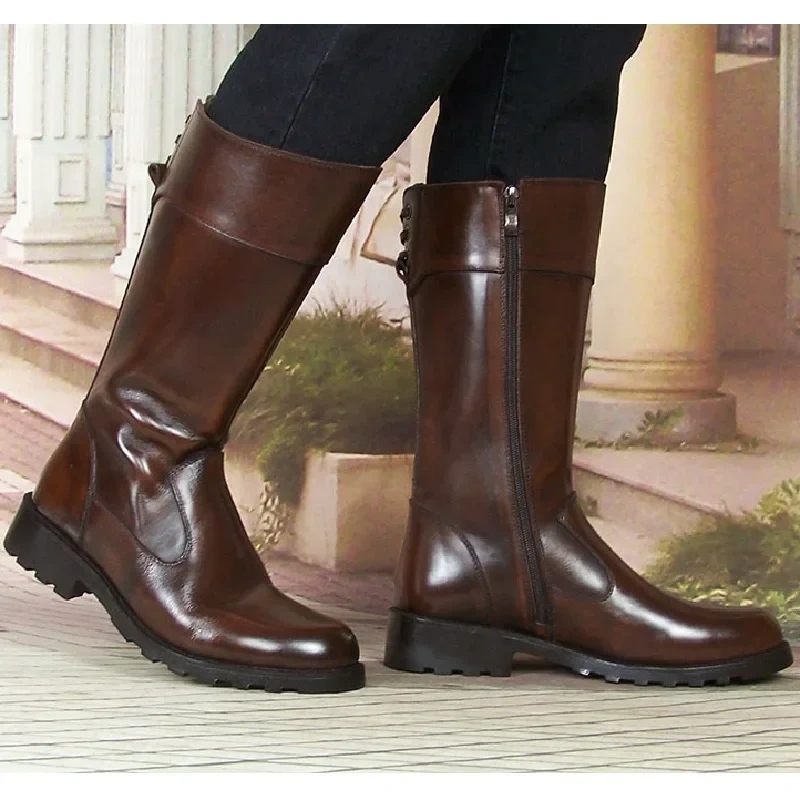 Spring Autumn British Style Thick Heels Brown Genuine Leather Men Mid-Calf Knight Boots Male Half Equestrian Botas 0928