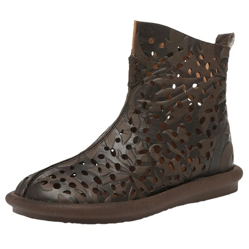 Summer New National Style Retro Breathable Chunky Sole Hollow Woven Brogue Zipper Genuine Leather Embossing Women Ankle High Top Knight Boots 60122