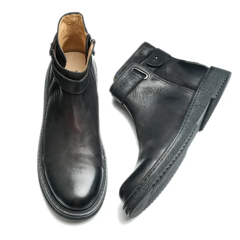 Spring Autmun New British Style Retro Chunky Bottom Sewing Genuine Leather Men Ankle Short Motorcycle Boots Winter Plush 230427