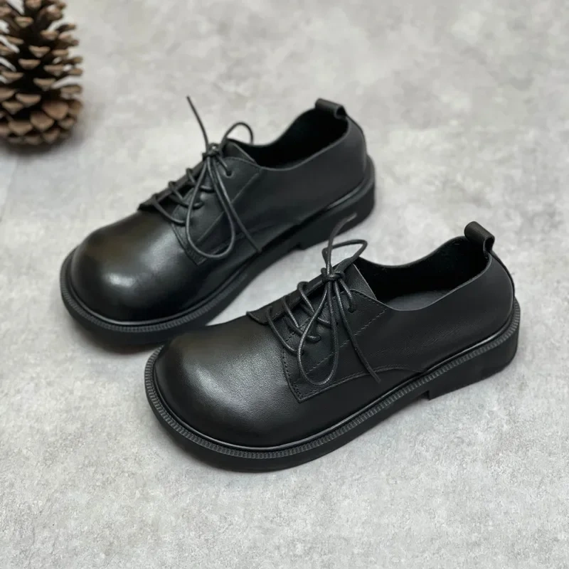 Spring Autmun New British Style Leisure Thick Bottom Sewing Square Toe Lace-Up Genuine Leather Women Casual Low Top Pumps 230413