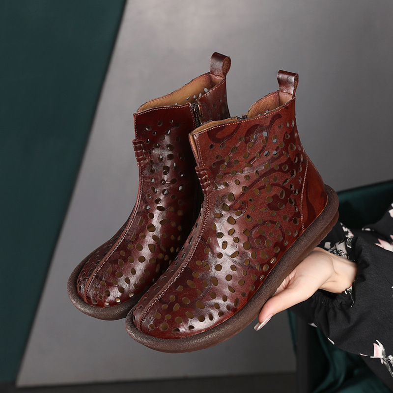 Summer New National Style Retro Breathable Chunky Sole Hollow Woven Brogue Zipper Genuine Leather Embossing Women Ankle High Top Knight Boots 60122